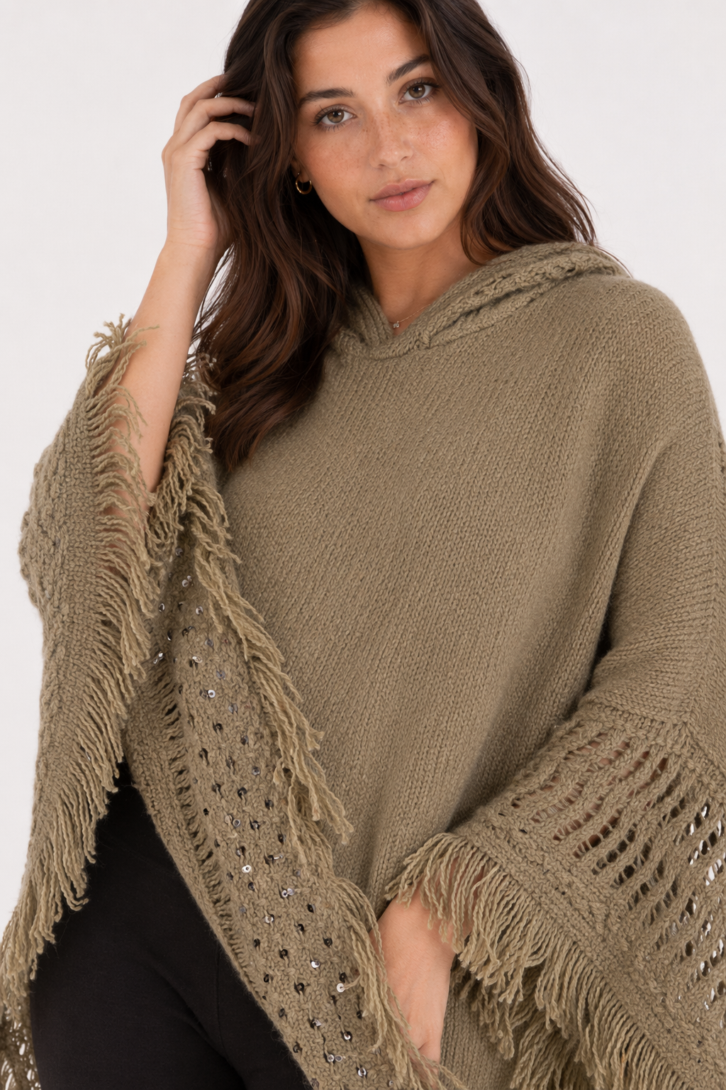 Women's Fringed Hooded Cape Khaki