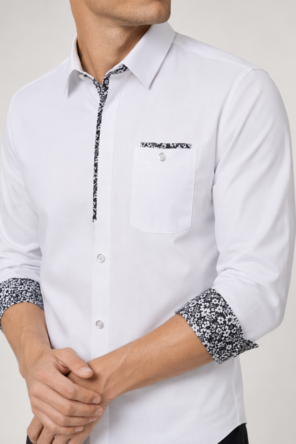 Long Sleeve Floral Button-Up Shirt for Men White