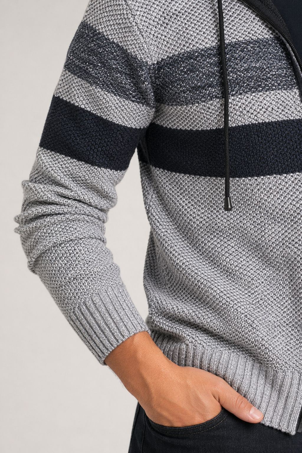 Hooded Men's Striped Knitted Sweater Light Gray