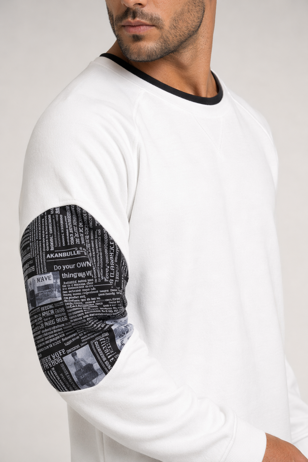 Layered Look Men's Sweatshirt with Elbow Prints White