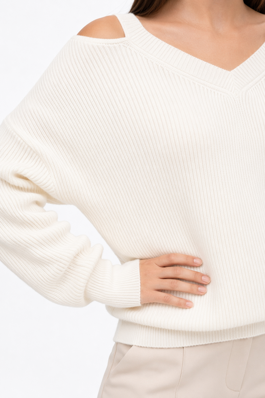 Cut V-Neck Sweater for Women White