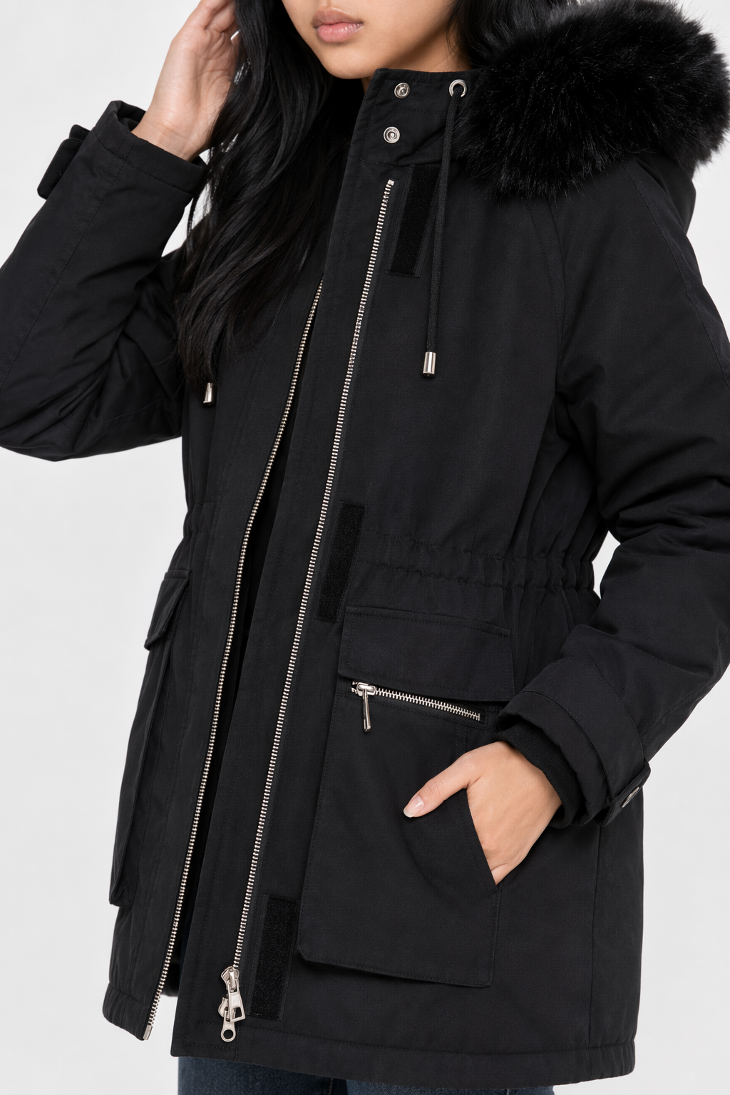 Mid-Length Women's Coat with Zipper and Faux Fur Hood Black