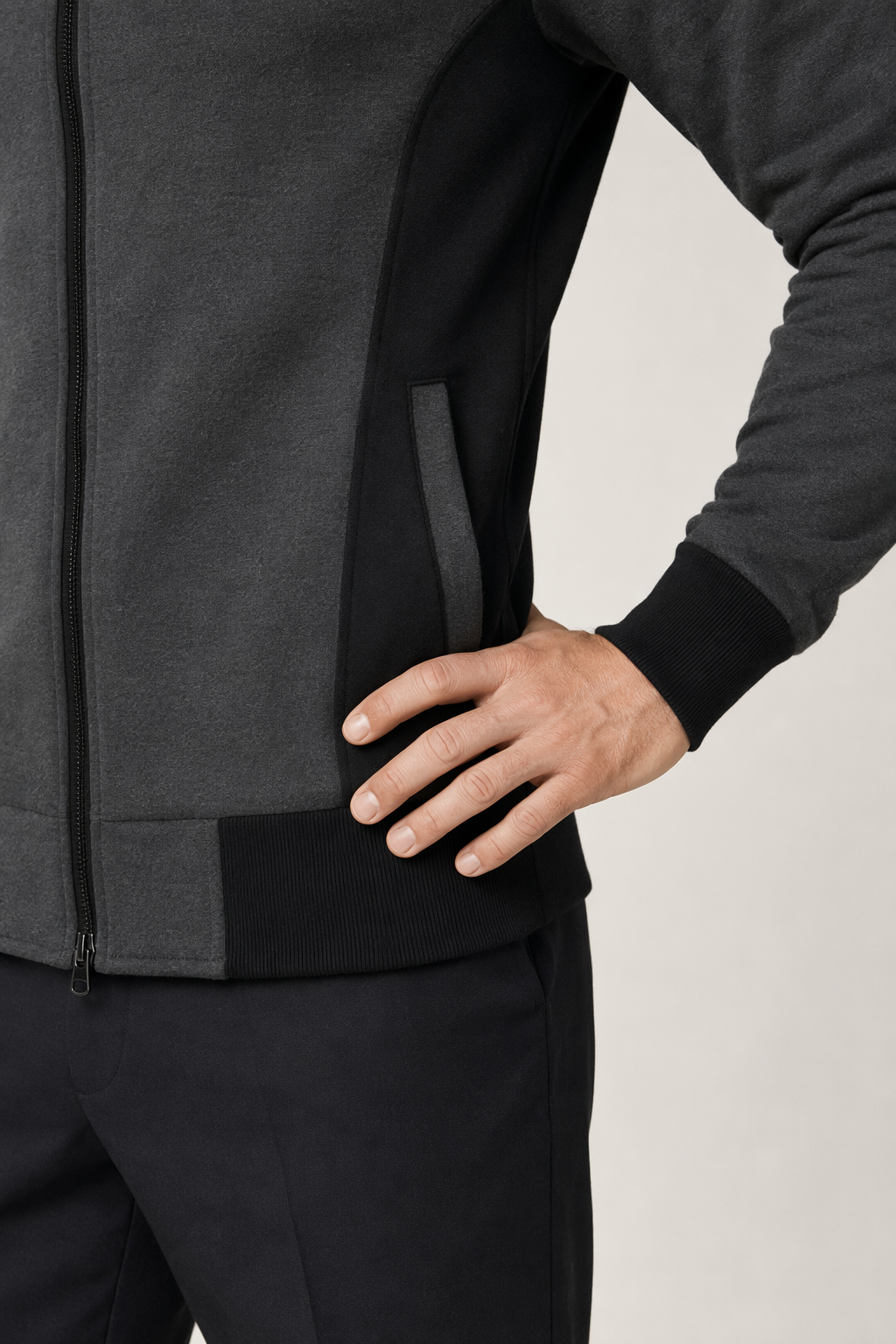 High Collar Men's Hoodie with Contrasting Cuffs Dark Gray