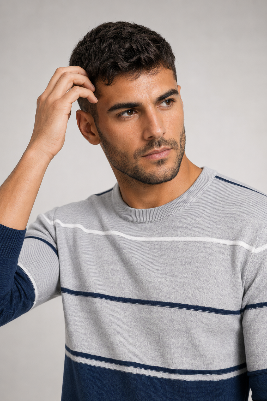 Two-Toned Striped Men's Sweater with Round Neck Gray