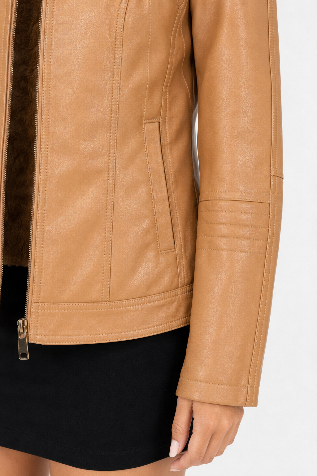Faux Leather Hooded Jacket with Plush Interior Camel