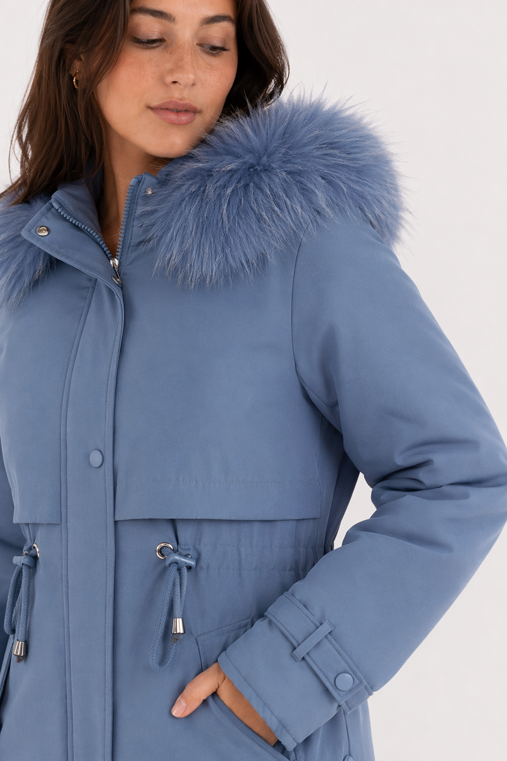 Faux Fur Hooded Women's Jacket with Adjustable Waist Tie Blue