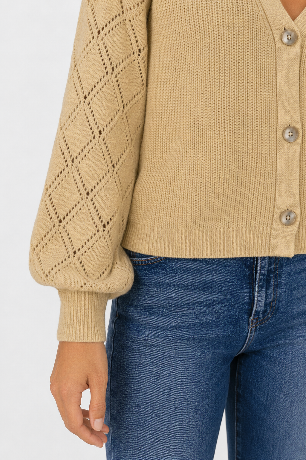 Women's Open Knit Button-Up Sweater Khaki