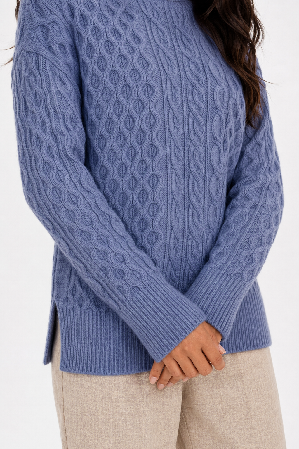 Two Color Cable Knit Pullover for Women Blue