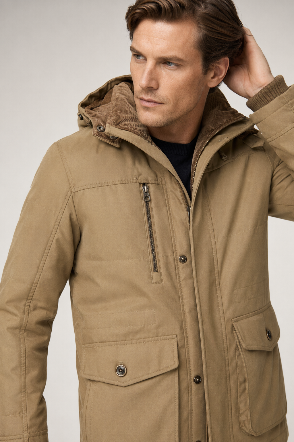 Hooded Winter Parka Coat for Men with Inner Fleece Khaki