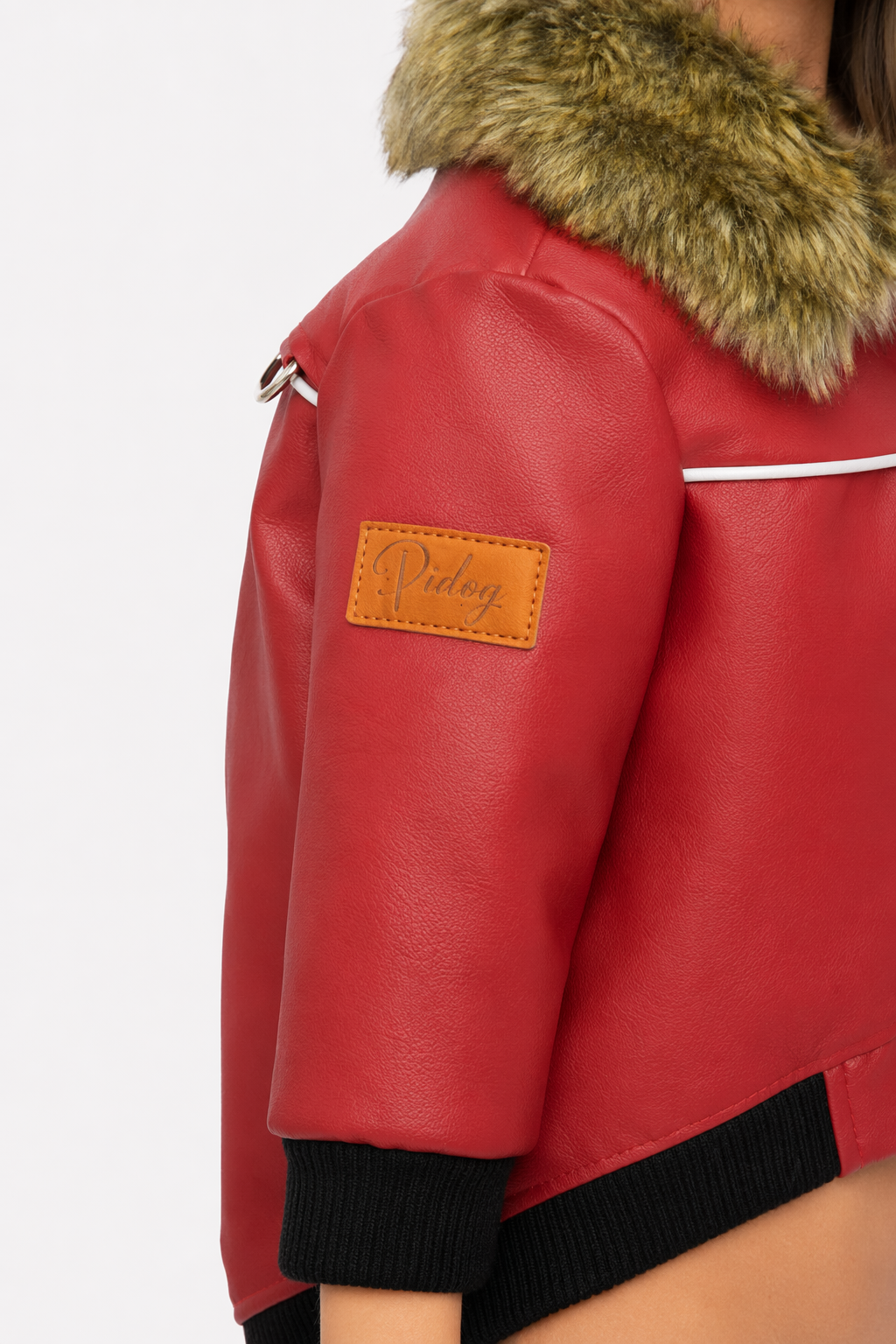 Water-Resistant Faux Leather Canine Jacket with Faux Fur Collar Red