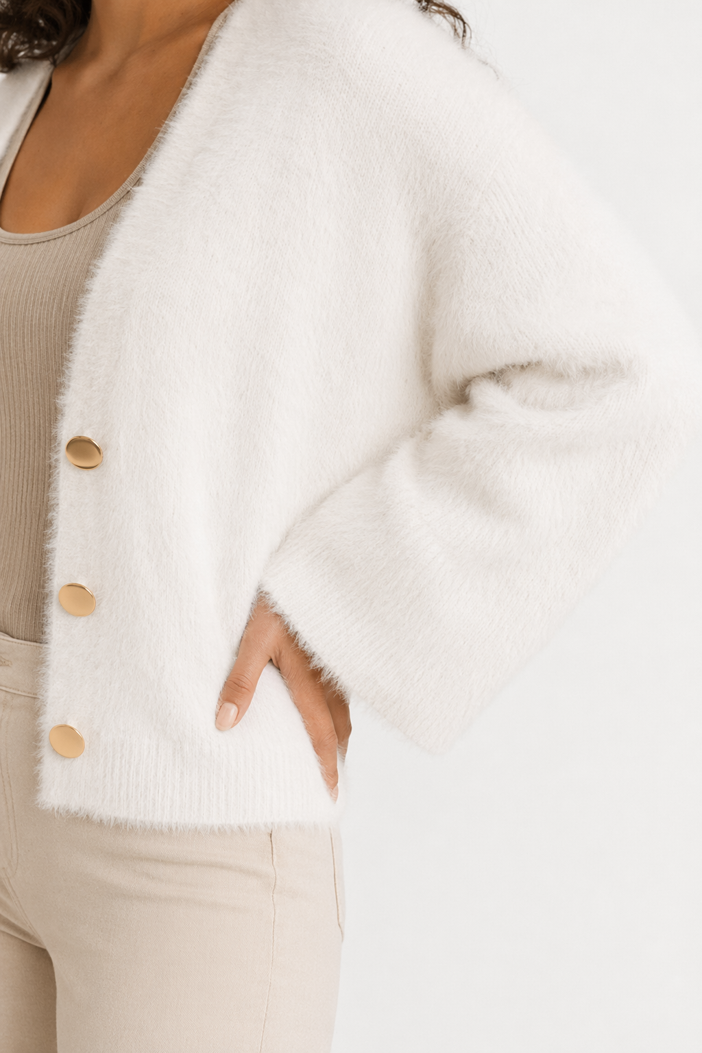 Fuzzy V-Neck Women's Cardigan White