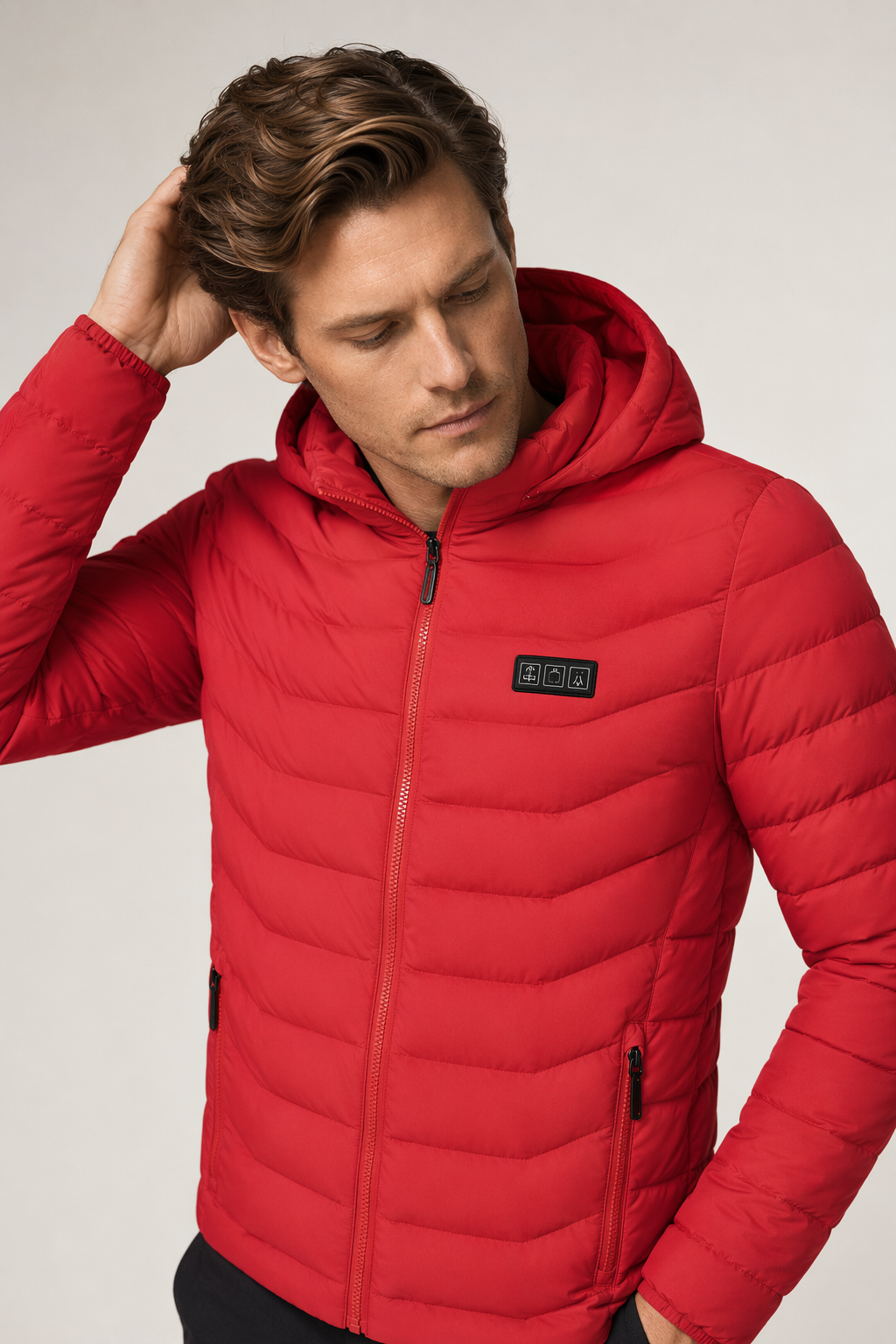 Winter Coat with Detachable Hood and USB-Powered Heating Element for Wind Resistance Red