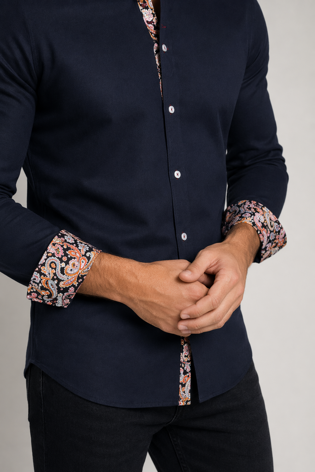Button-Down Men's Shirt with Botanical Accents Navy