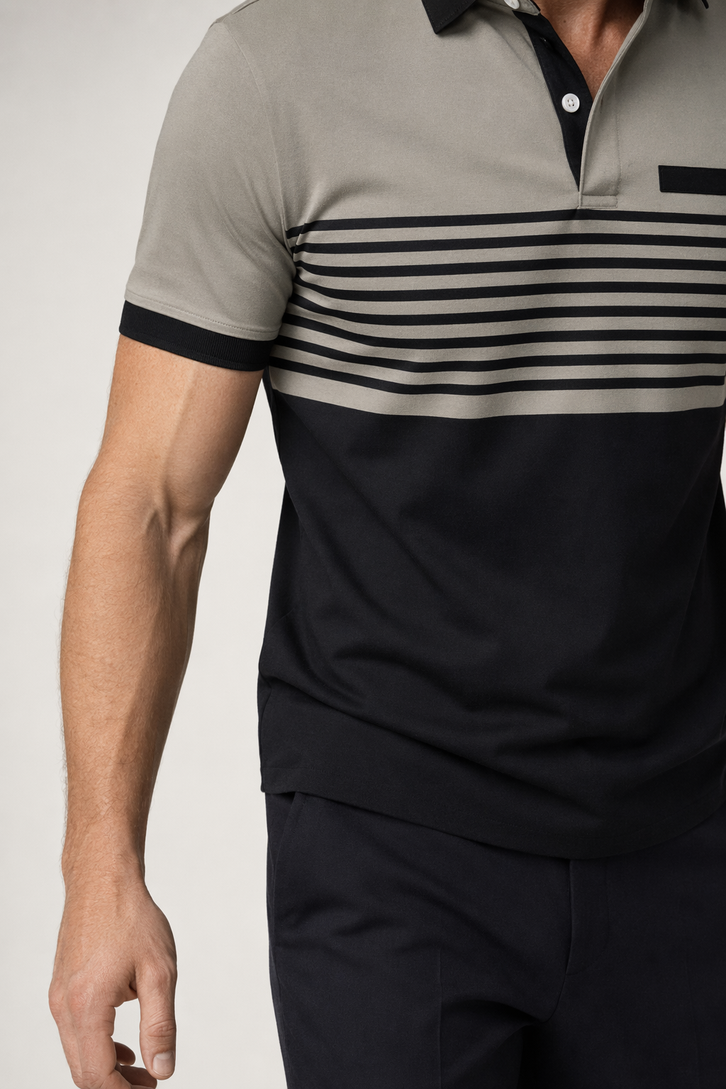 Short Sleeve Casual Polo Shirt with Striped Print for Men Khaki