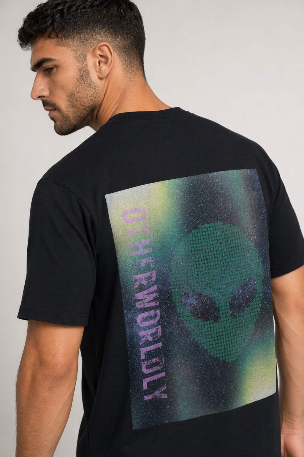 Graphic T-Shirt Featuring an Extraterrestrial Back Design Black