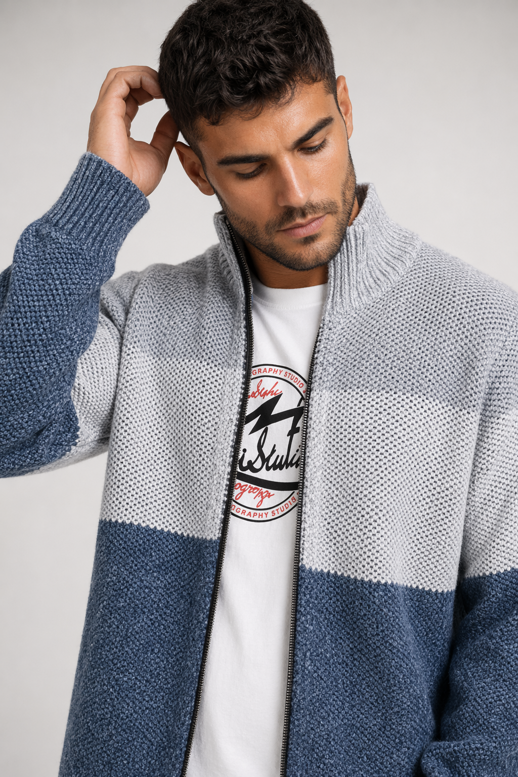 Zip-Up Sweater Jacket for Men's Casual Wear Light Gray