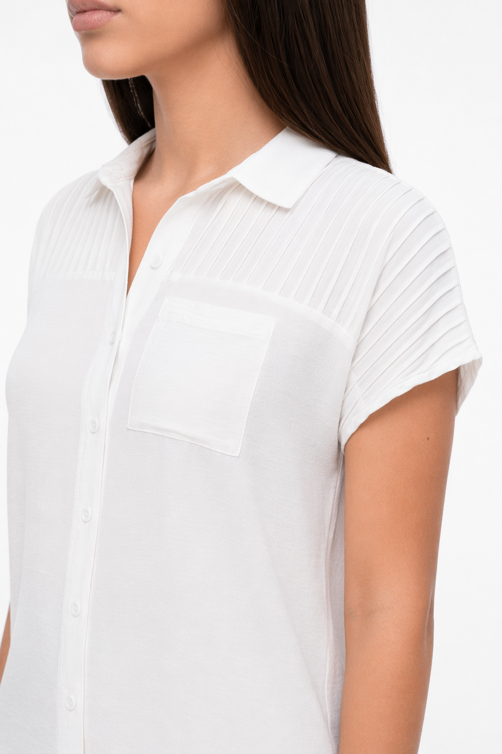 Short-Sleeved Pleated Blouse for Women White