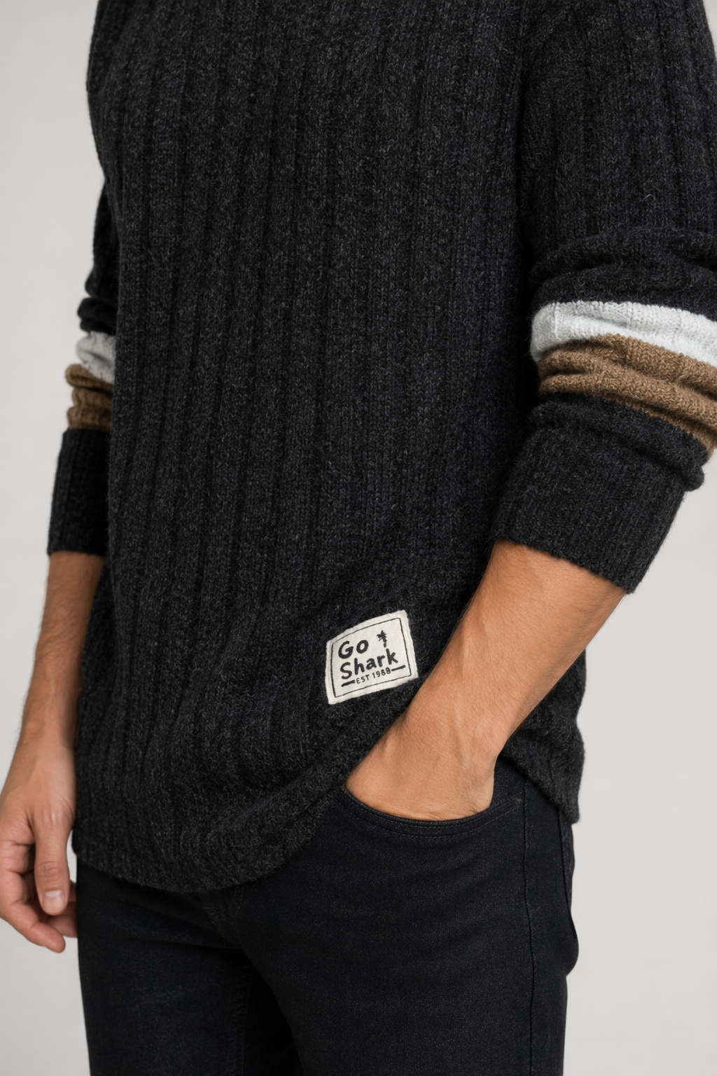 Stripe Sleeve Men's Turtleneck Sweater for Casual Wear Black