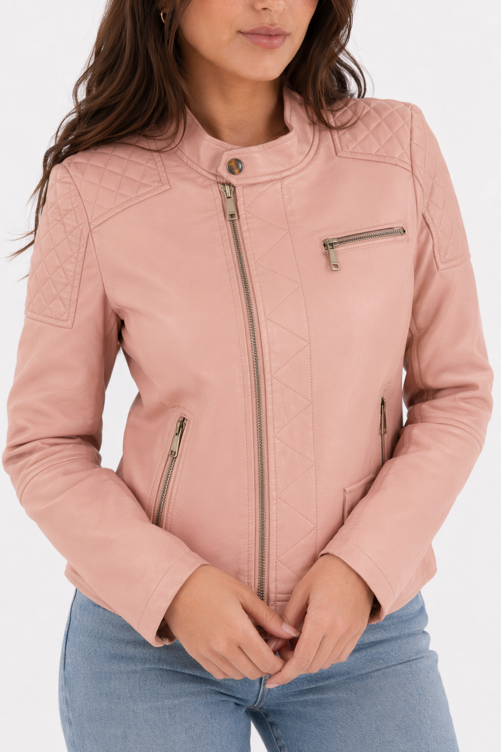 Quilted Faux Leather Jacket for Women Pink