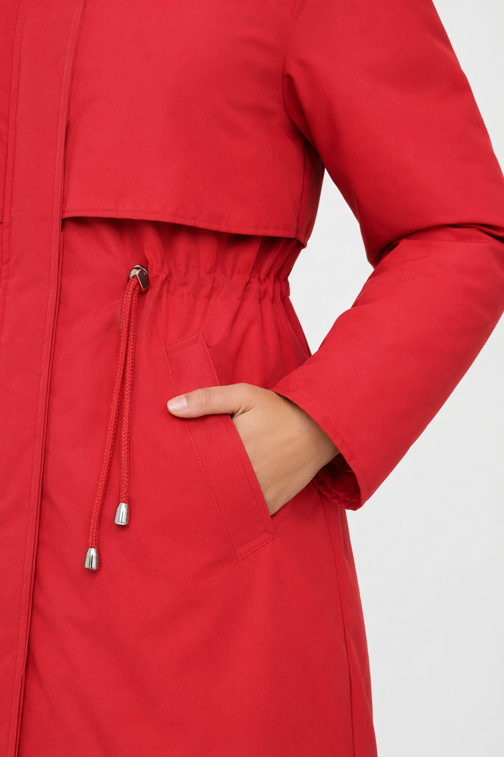 Detachable Faux Fur Lined Women's Long Coat with Hood Red