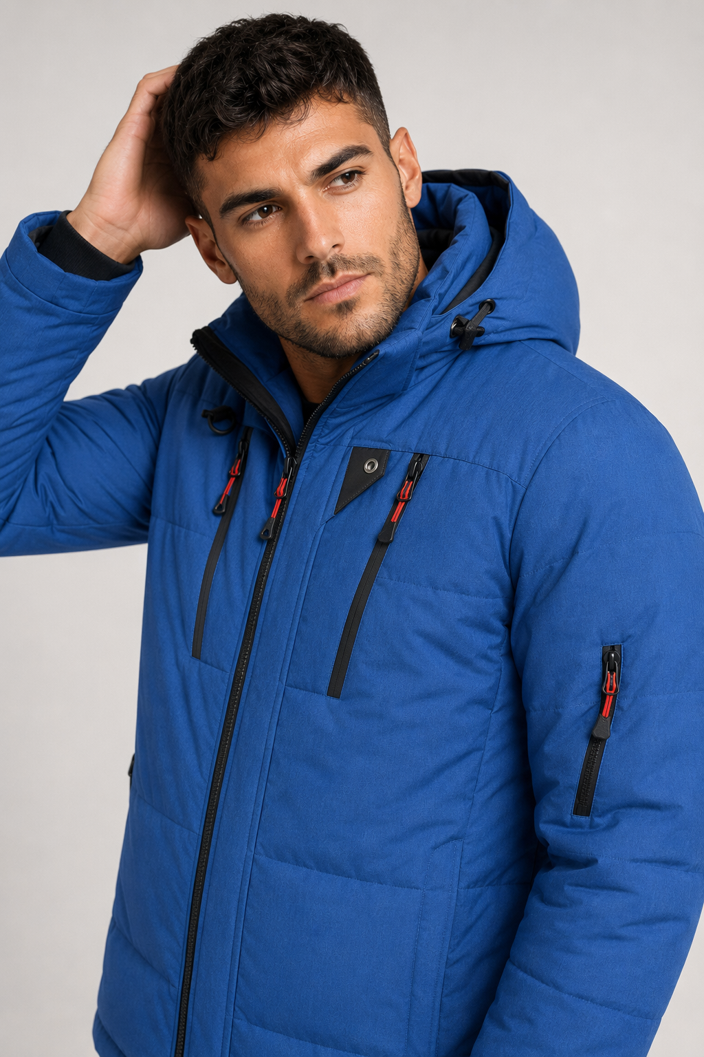 High Collar Men's Puffer Jacket with Detachable Hood Blue
