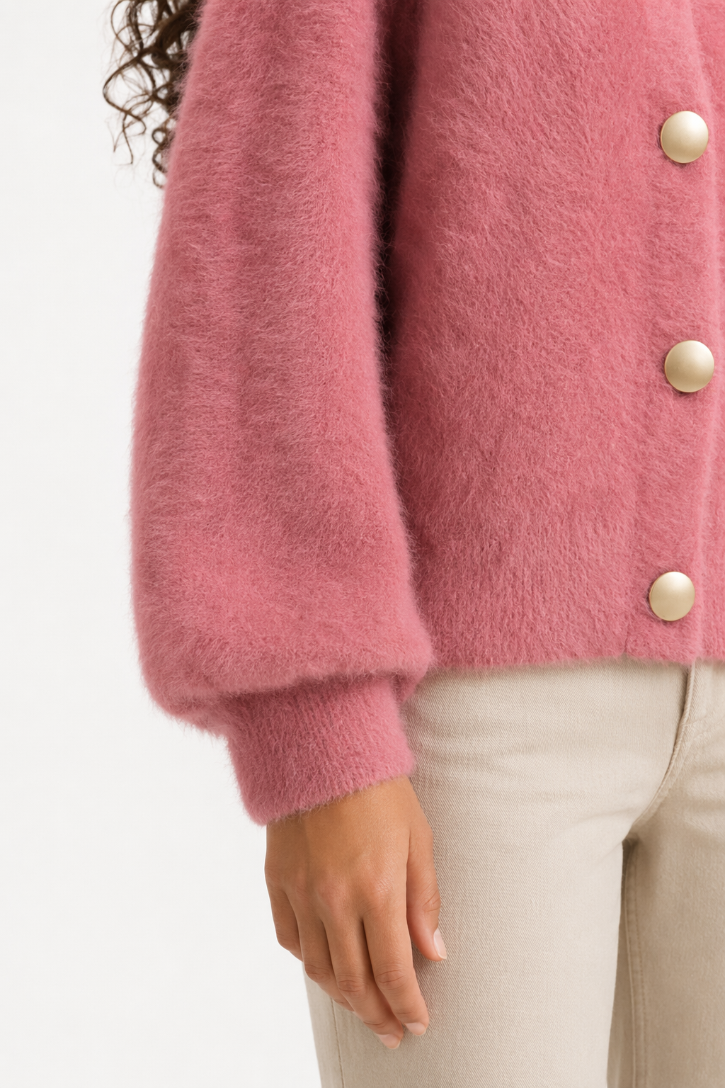 Fuzzy V-Neck Women's Cardigan Pink