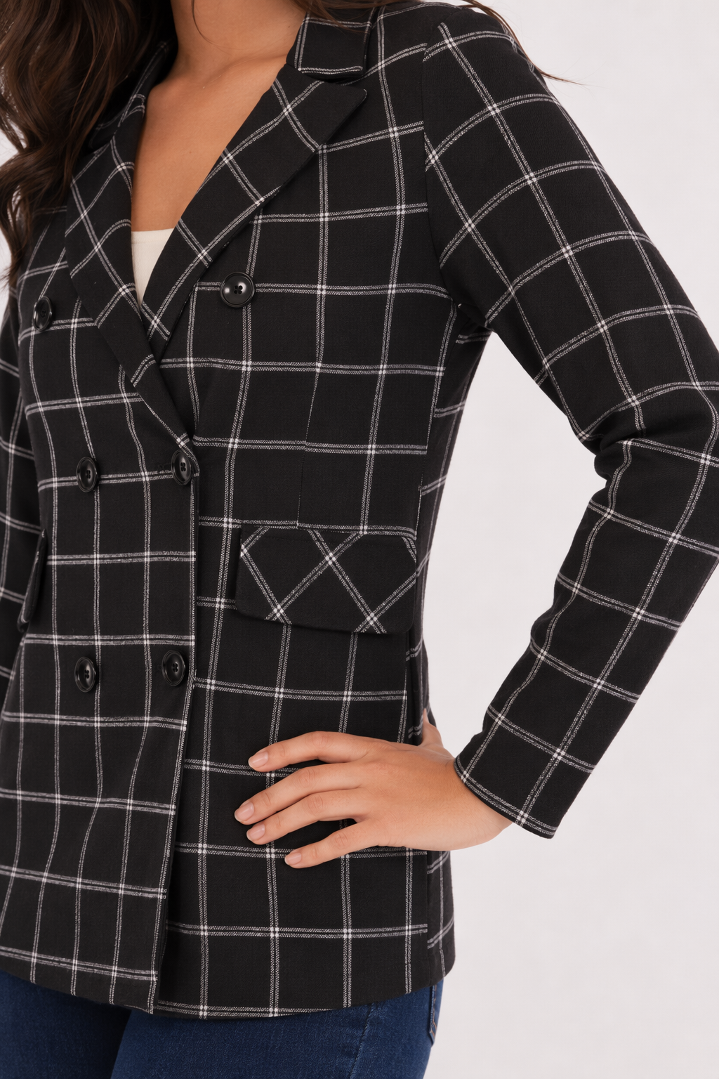 Black Checkered Double Breasted Blazer for Women Default