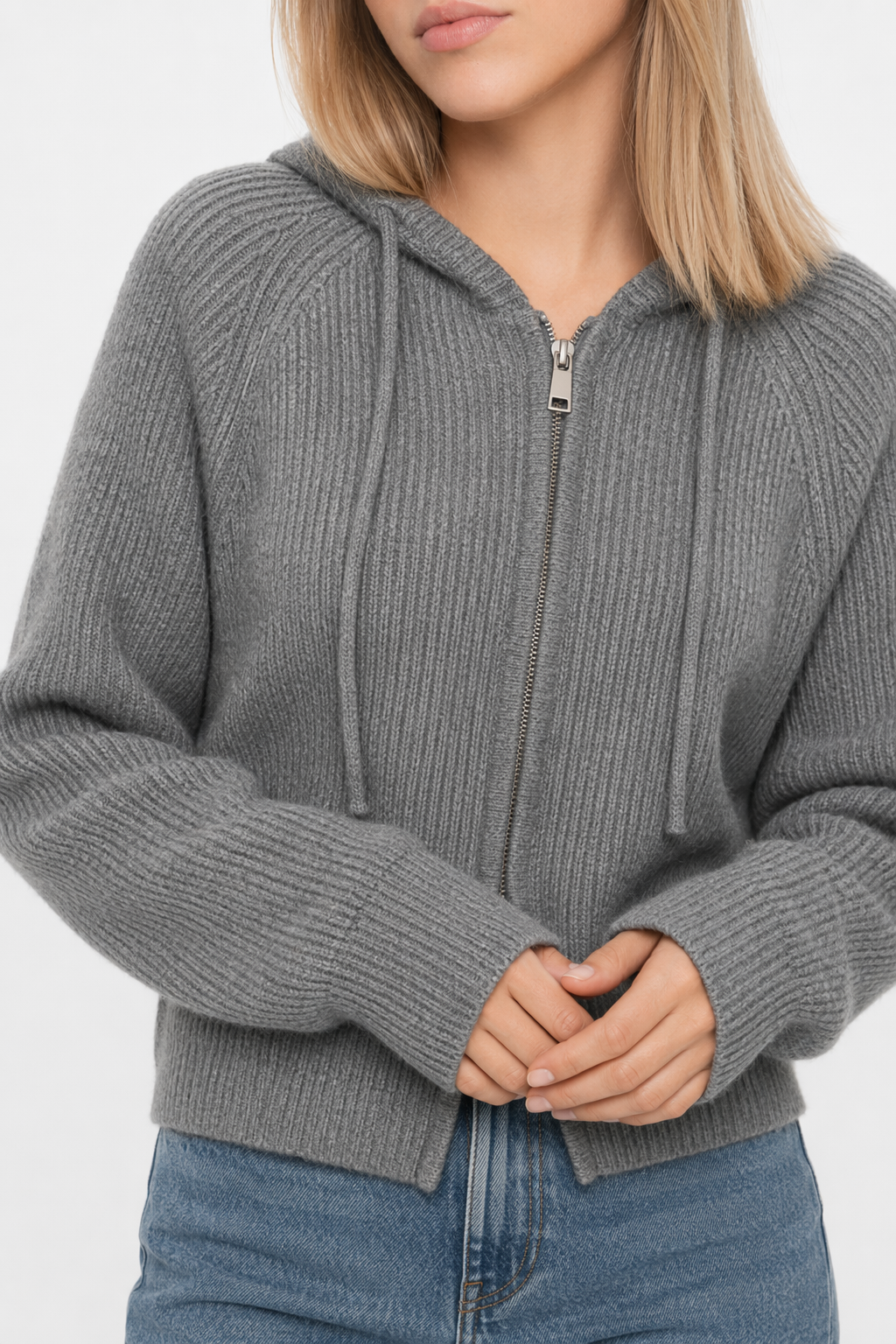 Hooded Zip-Up Cardigan for Women Gray