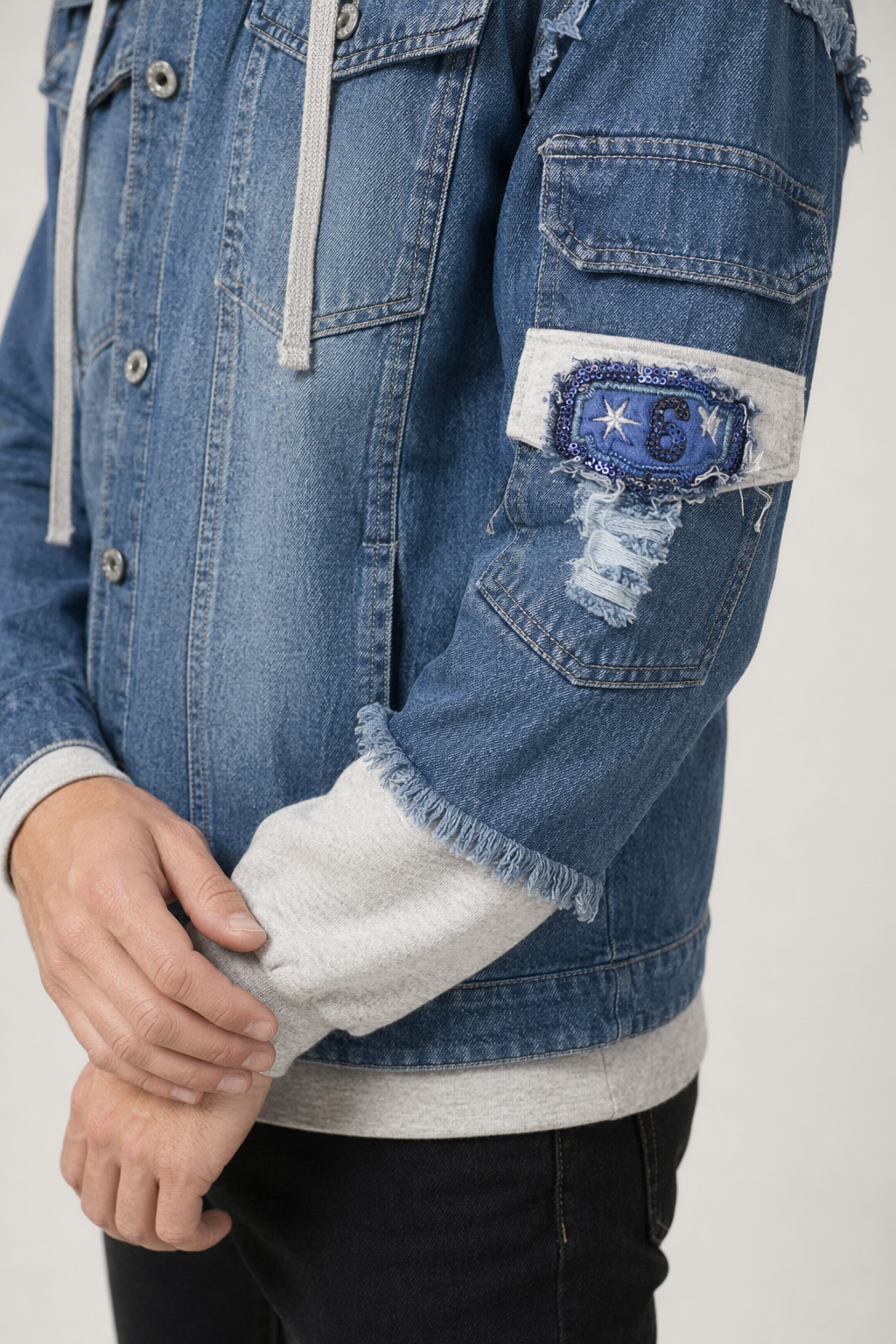 Layered Look Men's Denim Jean Jacket with Hood Default