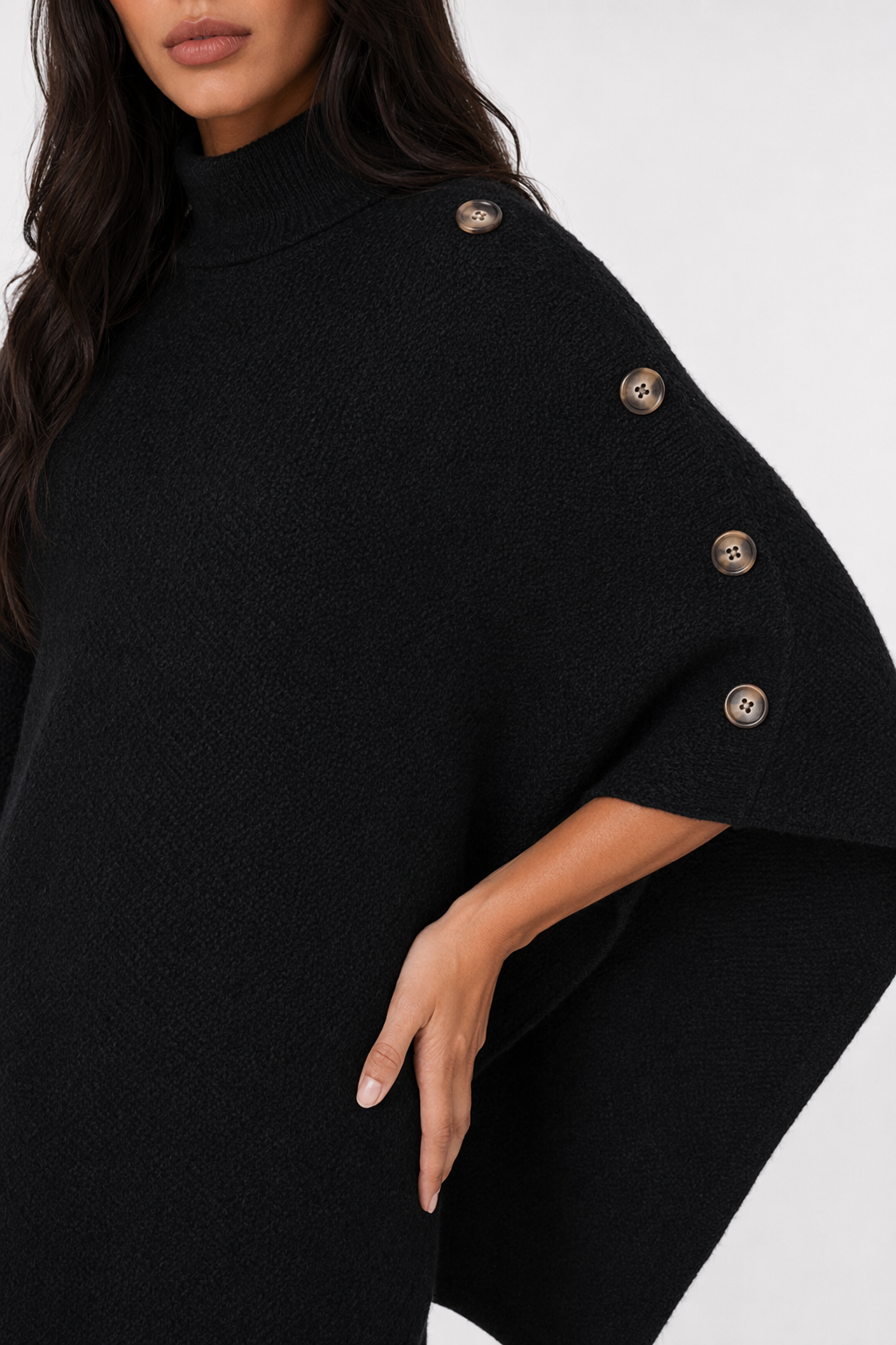 Side Button Detailed Turtleneck Poncho for Women Black