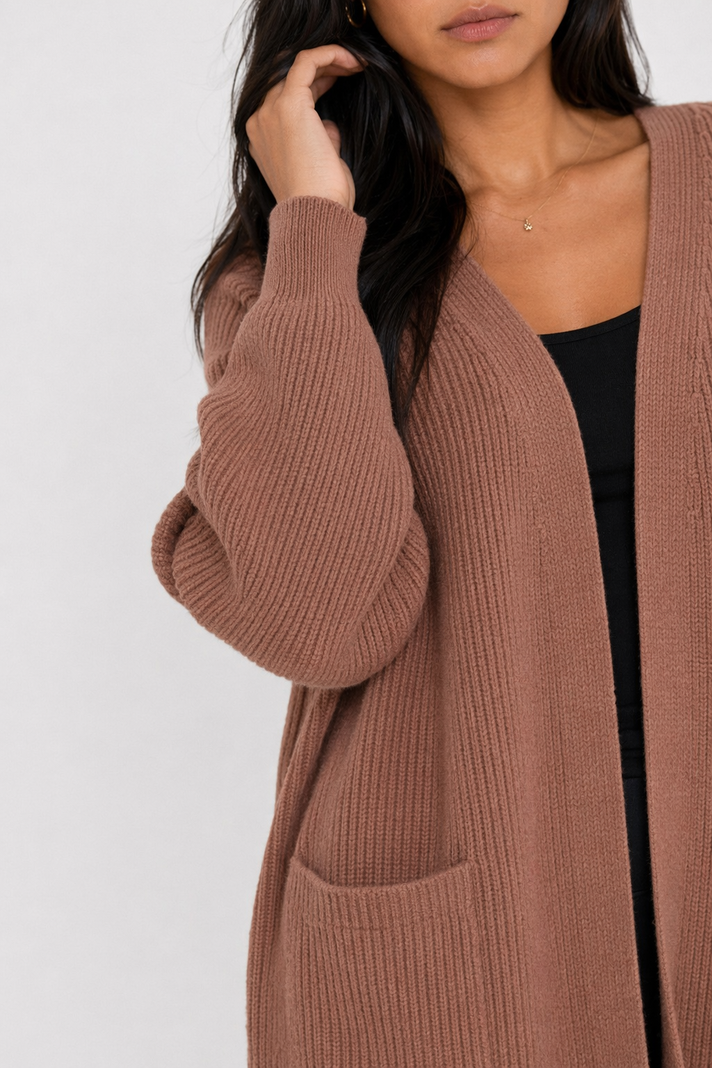 Women's Open Front Cardigan with Mid-Length and Pockets Brown