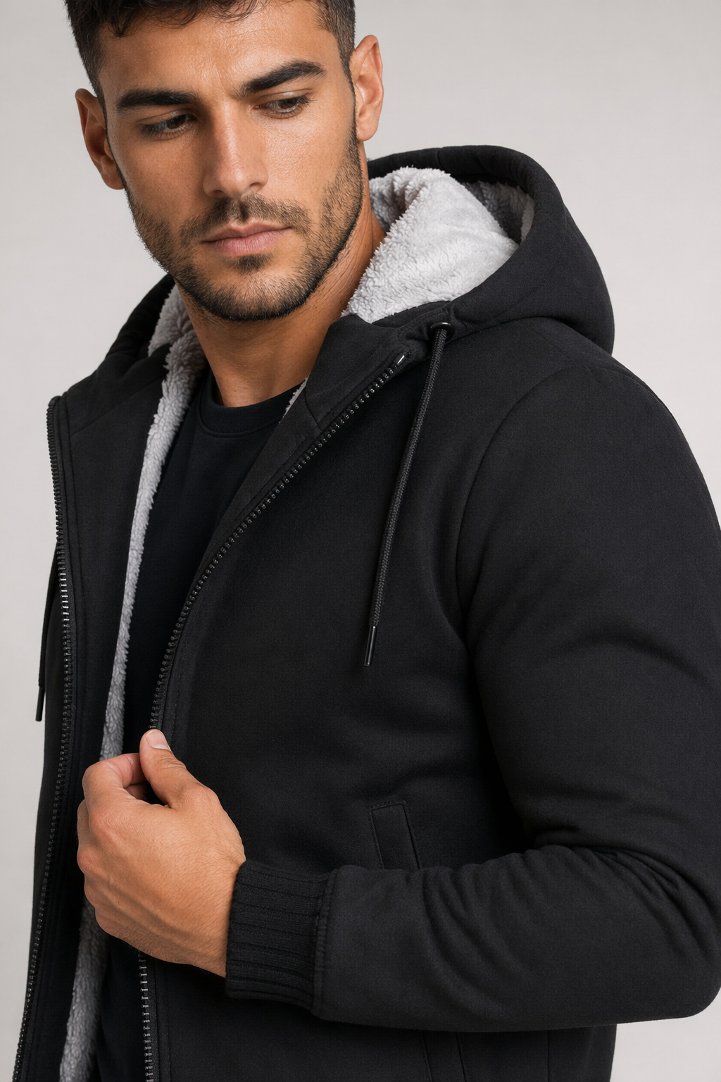 Winter-Lined Men's Zippered Hoodie Black