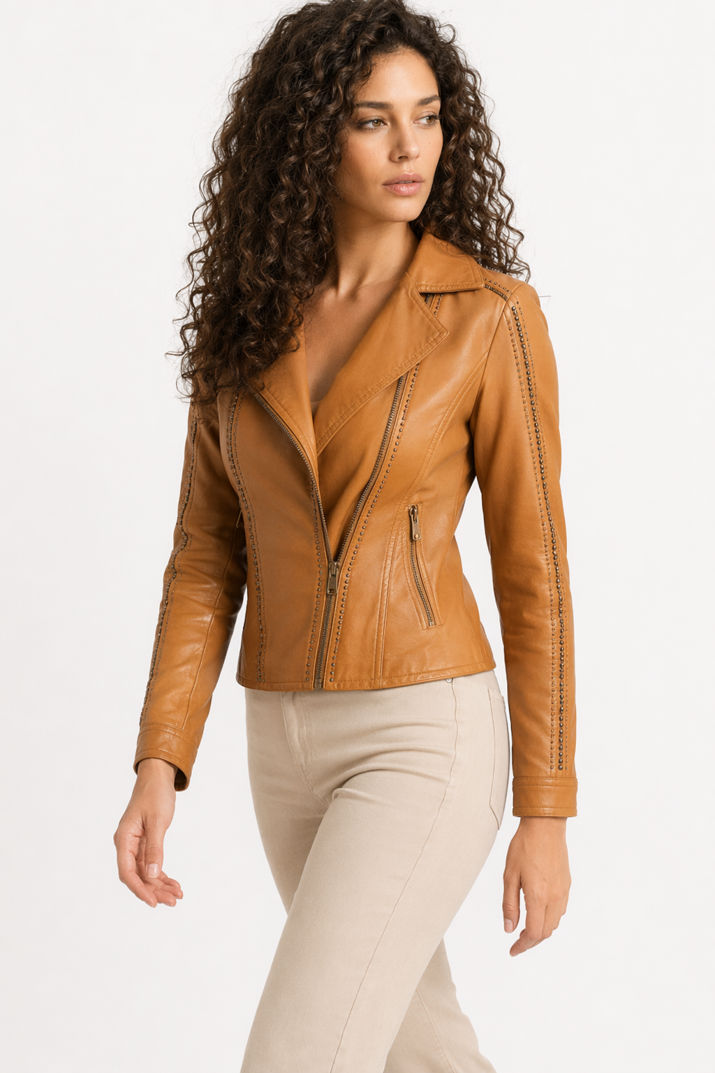 Vegan Biker Jacket with Stud Embellishments for Women Camel