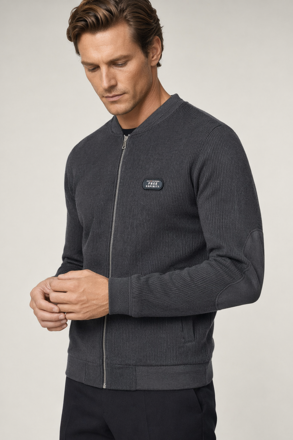 Winter Jacket with Elbow Patches and Zippered Collar for Men Gray