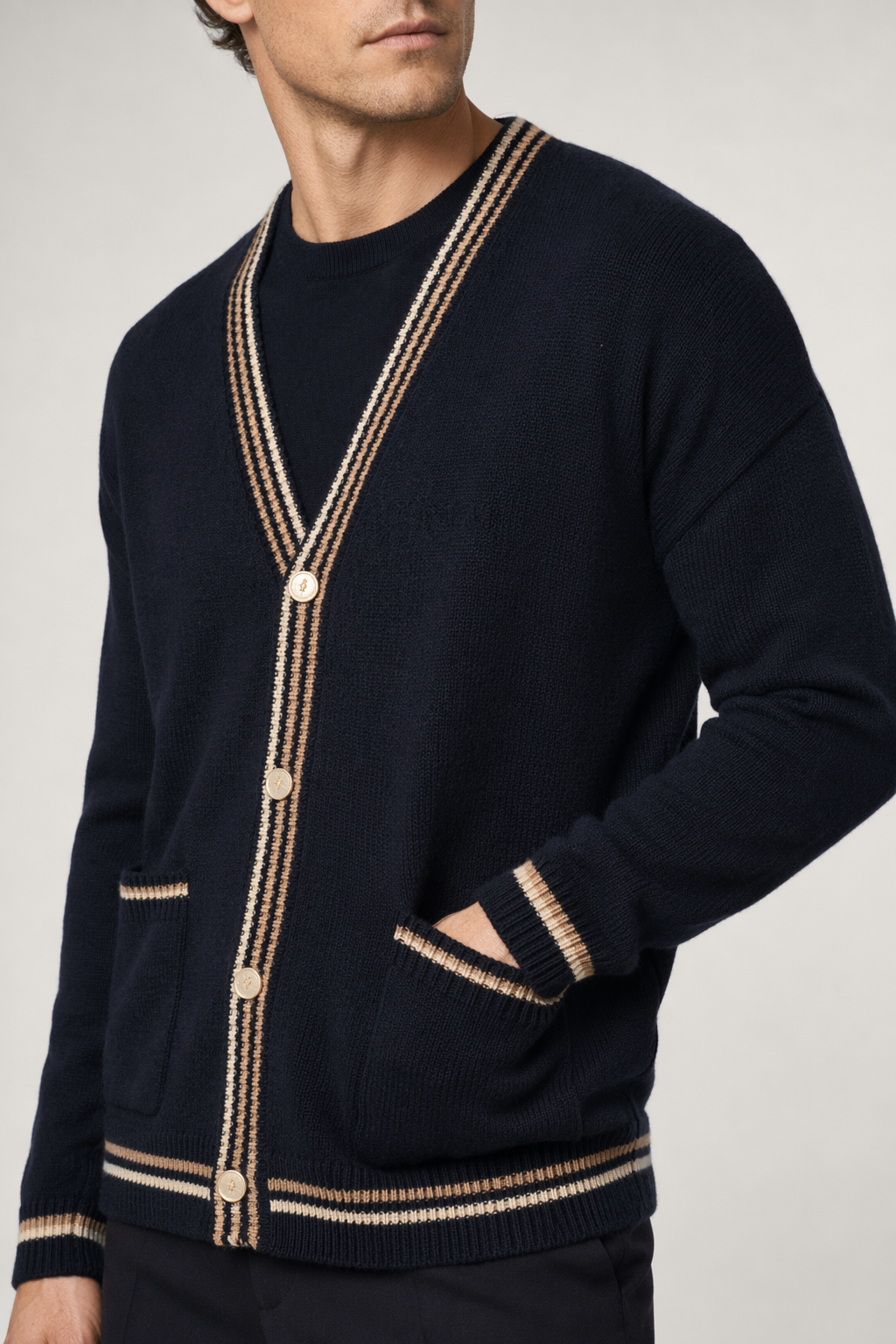 Men's Cardigan with Front Pockets - V Neck Design Navy