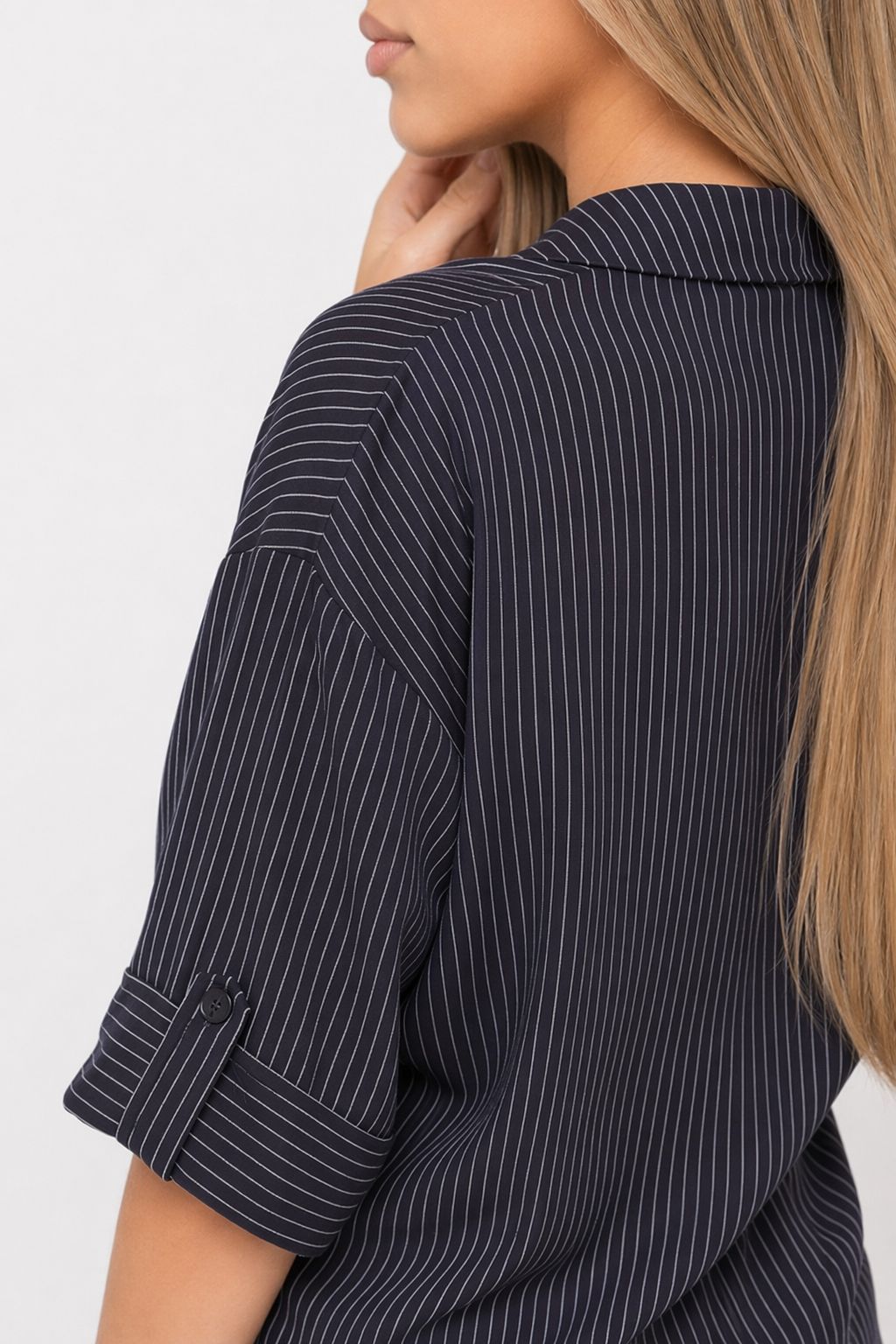 Quarter Sleeve Striped Shirt for Women with V-Neck Design Navy
