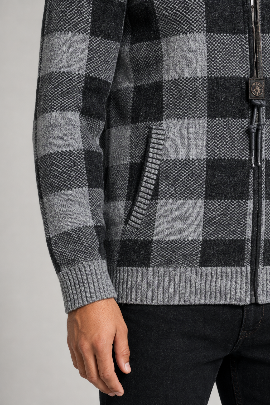 Plaid Zip-Up Jacket for Men with a Hood Gray