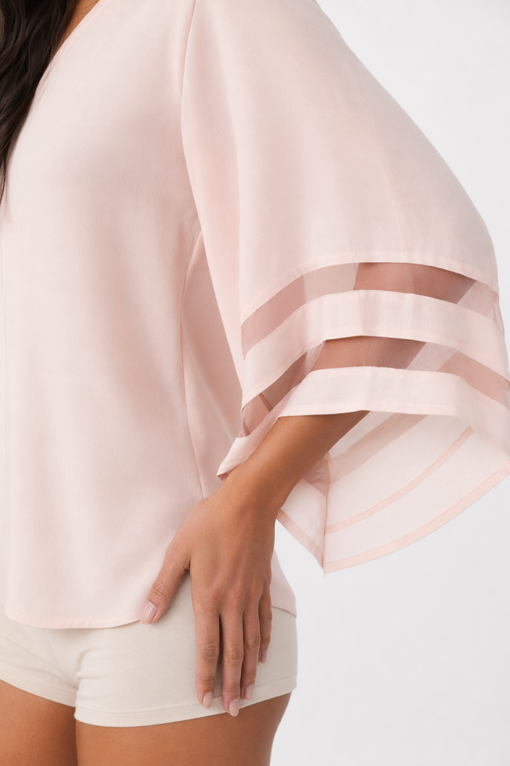 Chiffon Top with Batwing Sleeves and V-Neck for Women Pink