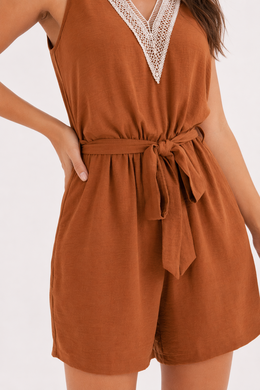 Sleeveless V Neck Jumpsuit for Women Caramel