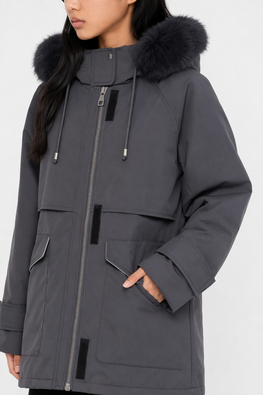 Mid-Length Women's Coat with Zipper and Faux Fur Hood Gray