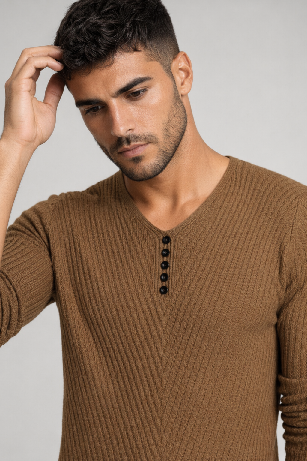 Casual V-Neck Sweater for Men with Buttoned Design Brown