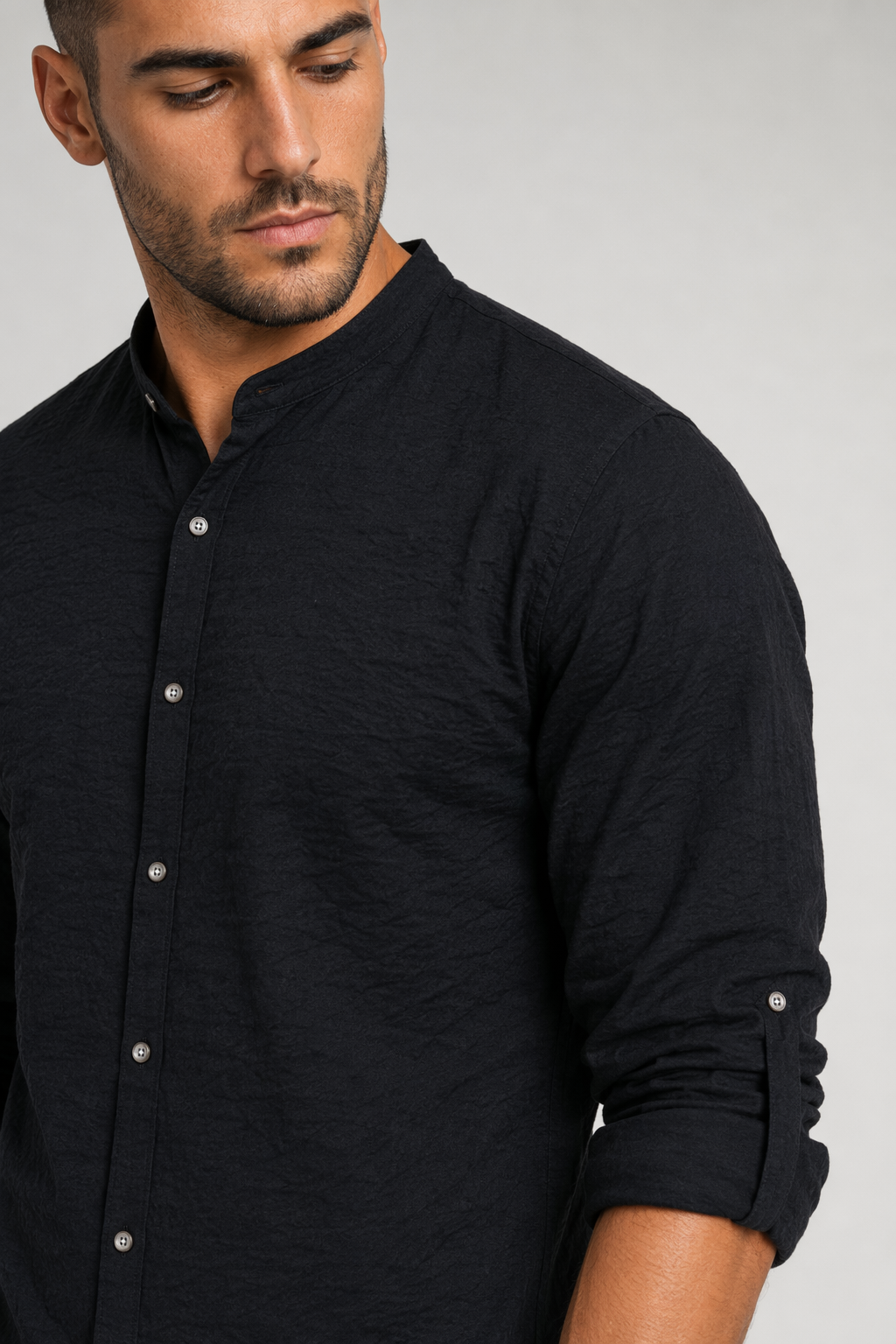 Men's Button-Up Shirt with Mandarin Collar Black