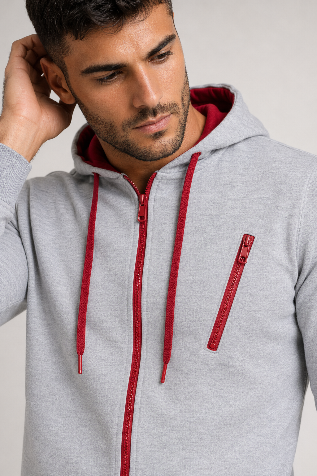 Hooded Jacket for Men with Zipper Light Gray