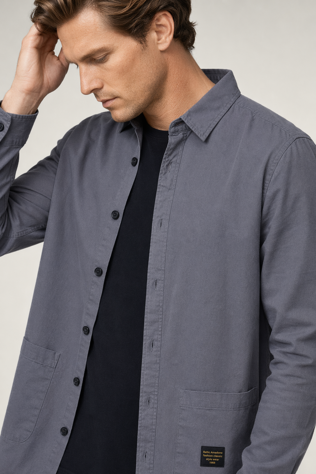 Men's Pocketed Button-Up Shirt Dark Gray