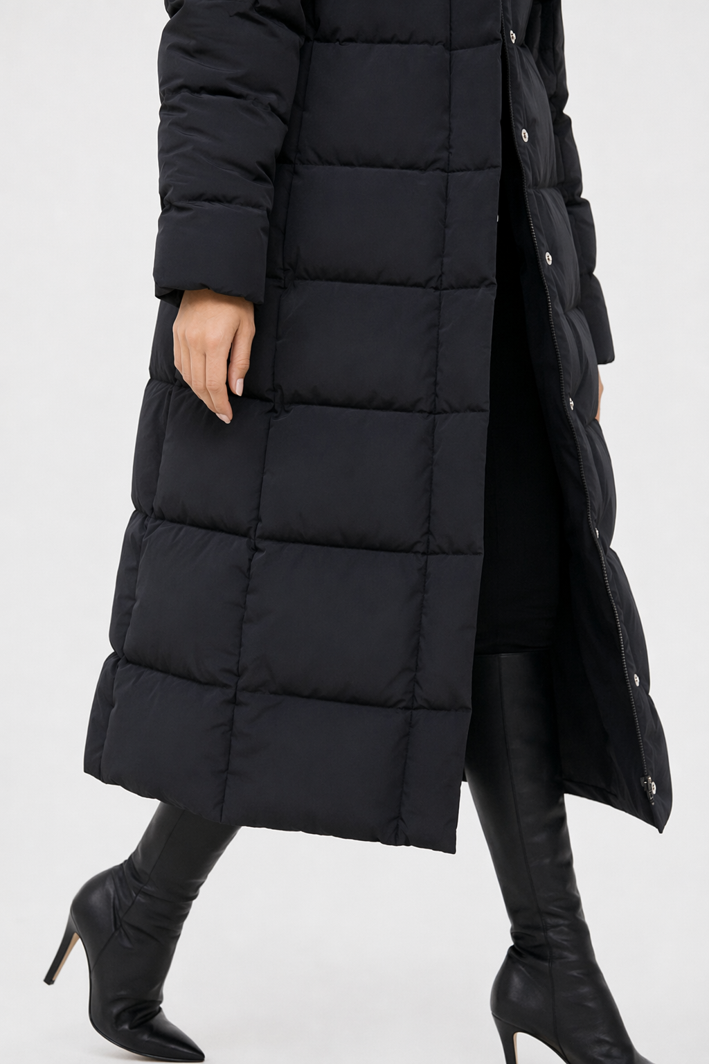 Long Coat for Women with Detachable Faux Fur Hood Black