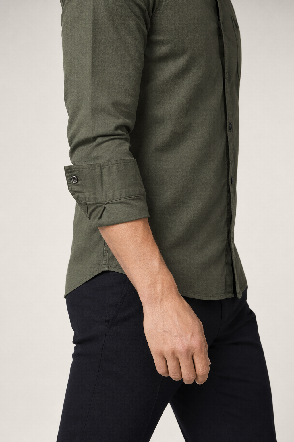 Cotton Button Front Shirt - Long Sleeve Men's Army Green