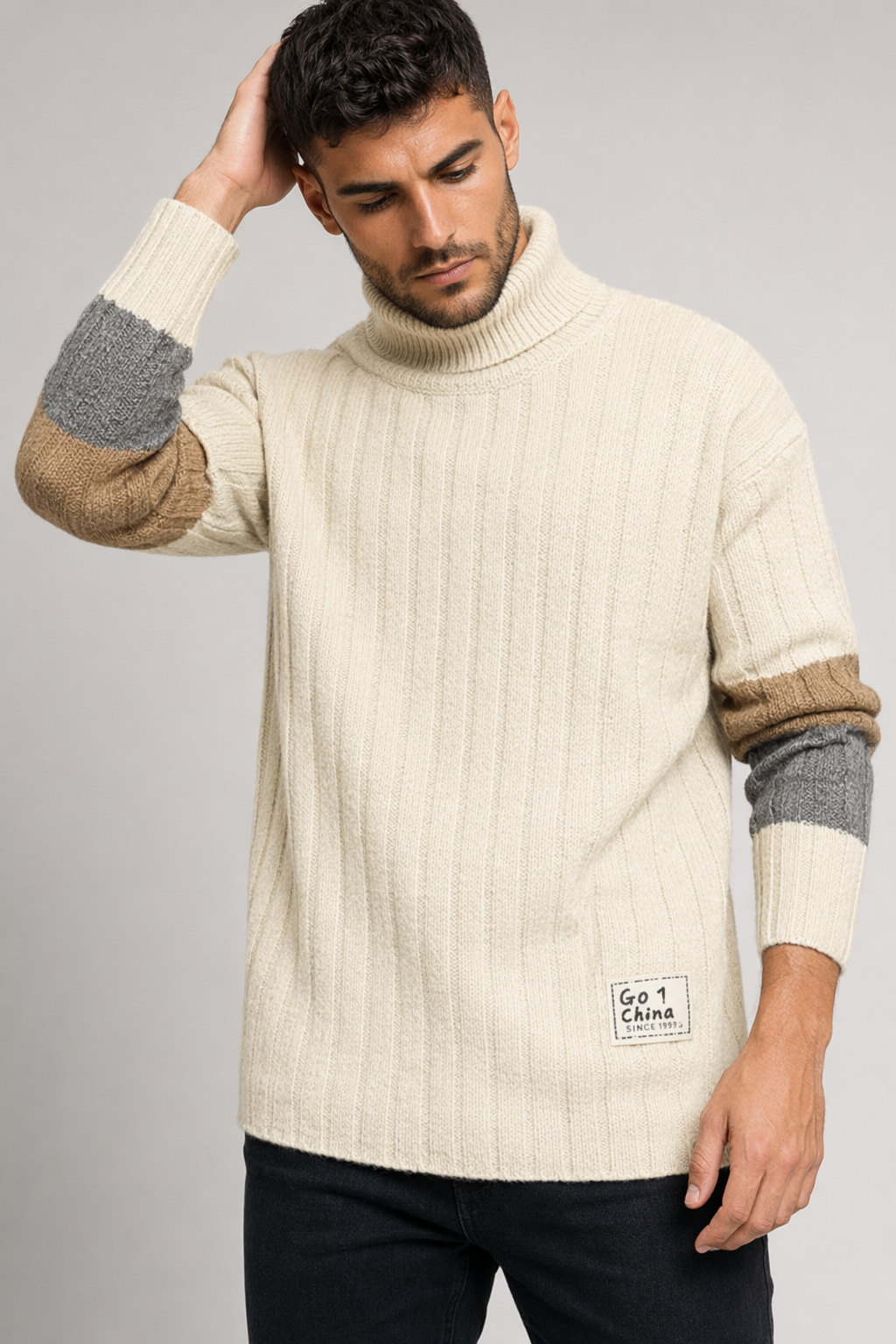 Stripe Sleeve Men's Turtleneck Sweater for Casual Wear Beige