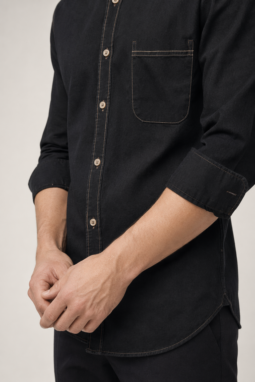 Casual Denim Button-Front Shirt for Men Black