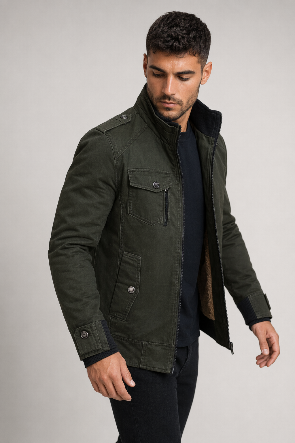 Faux Fur-Lined Military-Inspired Men's Jacket Army Green