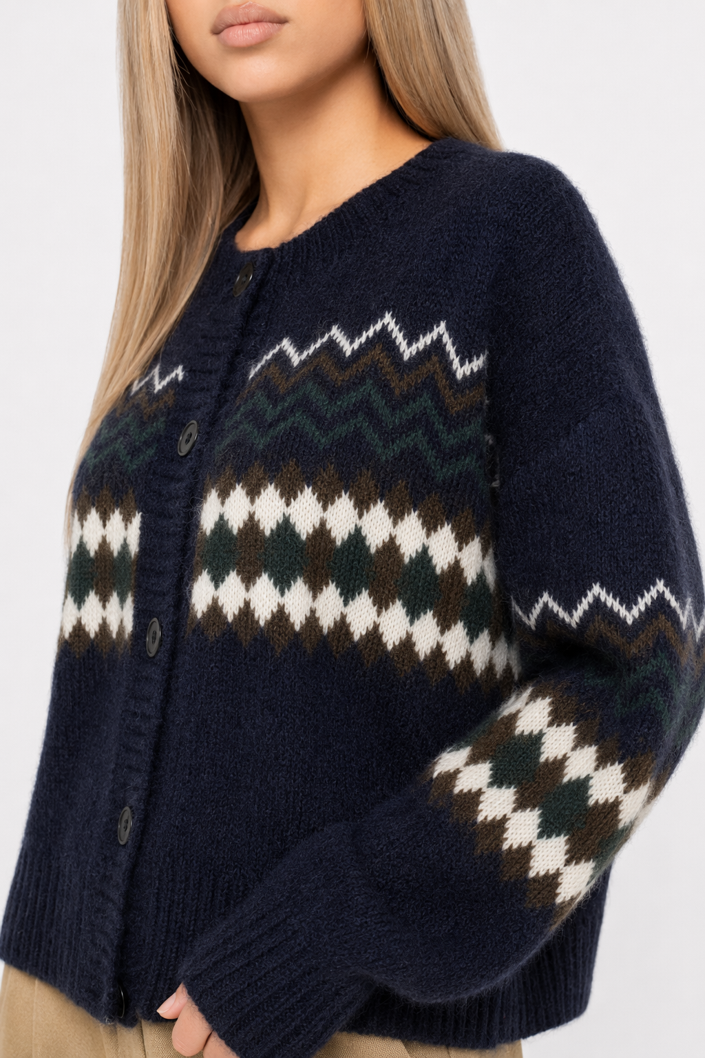 Horizontal Patterned Button-Front Women's Cardigan Navy